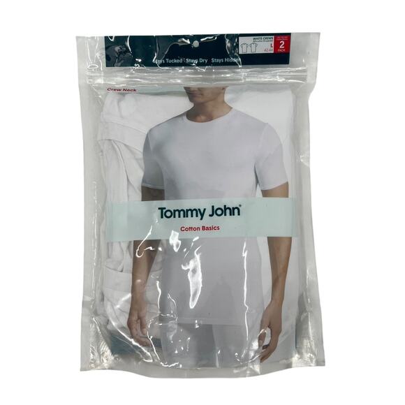 Tommy John Shirt Mens L Large White Cotton Stretch Soft Undershirt Crew 2-Pack - Picture 1 of 9
